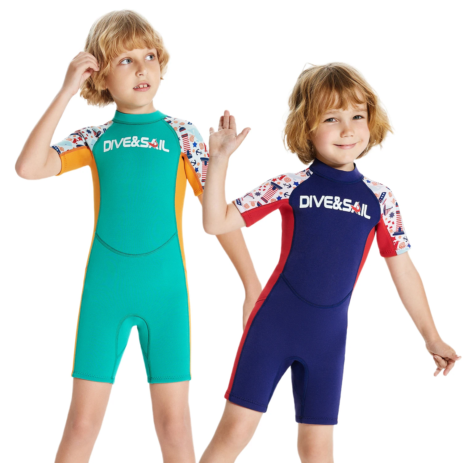 

Boys' Professional Neoprene Swimwear for Children, Colorful Diving Wetsuit, Short Sleeves, Thick Swimsuit for Surfing Beach