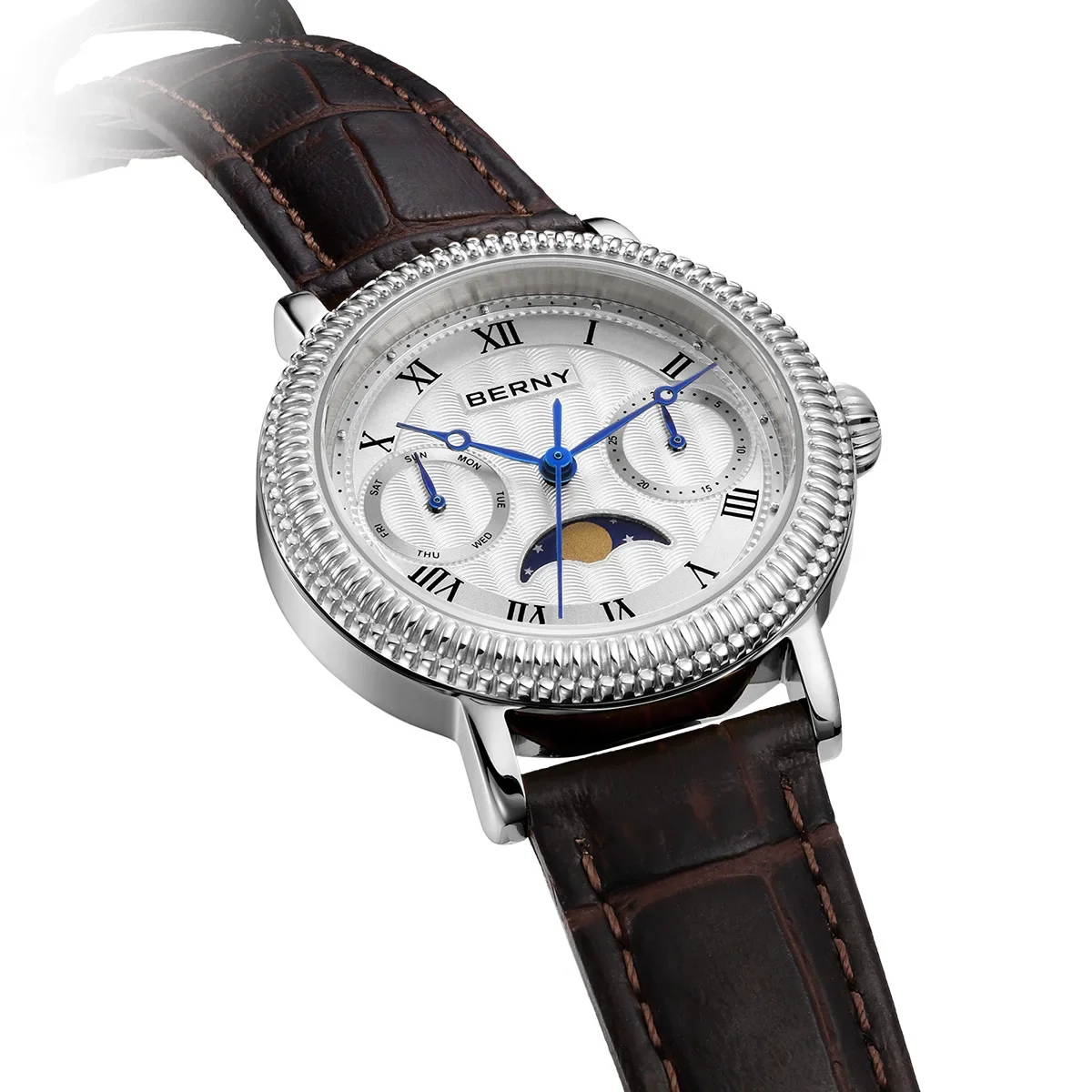 BERNY Women's Watches Luxury Business Dress Watch Moon Phase Elegant Quartz Ladies Wrist Watches Leather Band Stainless Steel