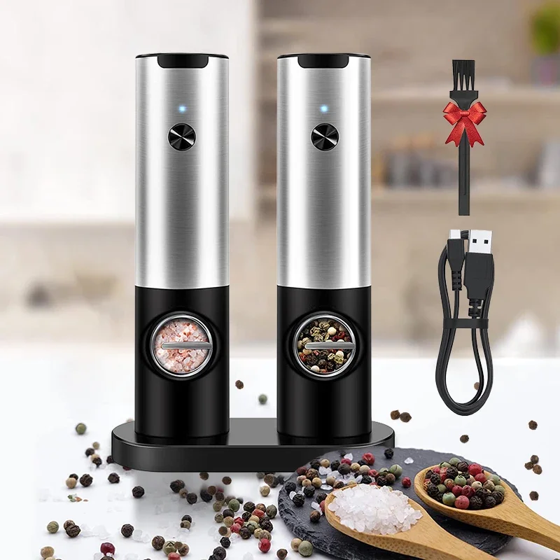 Salt And Pepper Grinder Set Rechargeable Electric Automatic Spice Grinder with Charging Base Stainless Steel