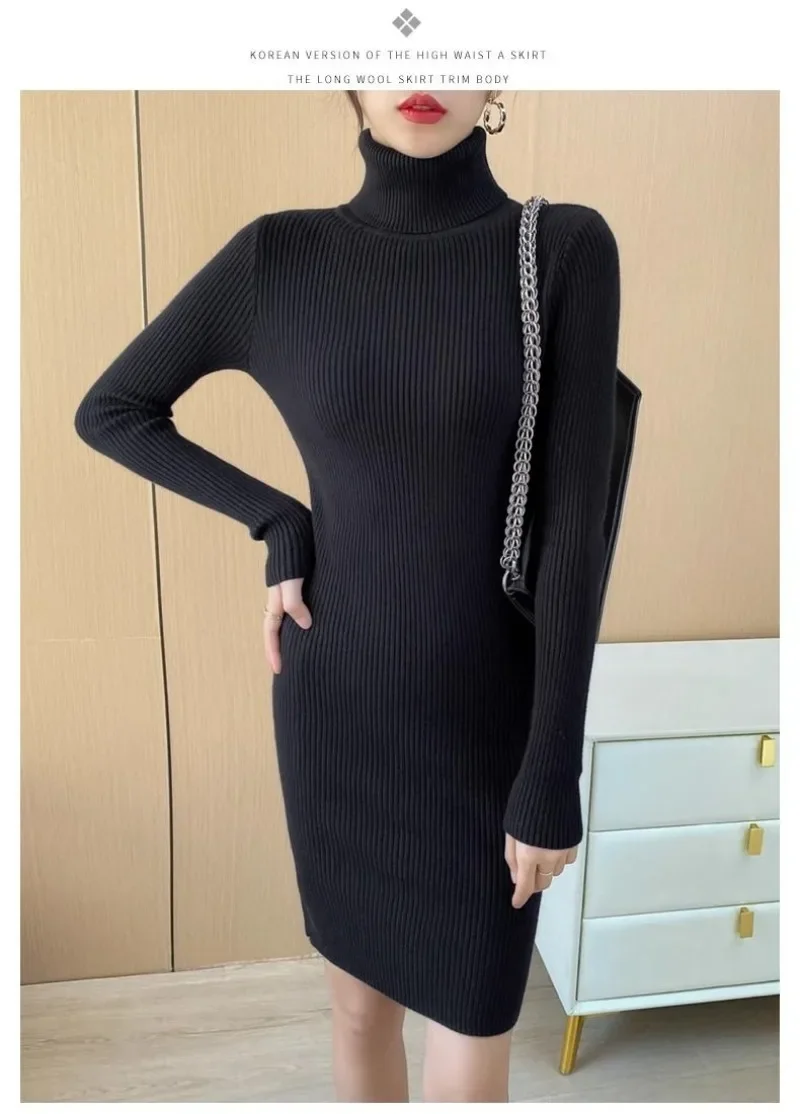 Herbst Neue Koreanische Rollkragen Gestrickte Kleid Reine Farbe Bodycon Pullover Kleid Büro Dame Pullover Lässig Elegante Strickwaren Jumper – Detail 17