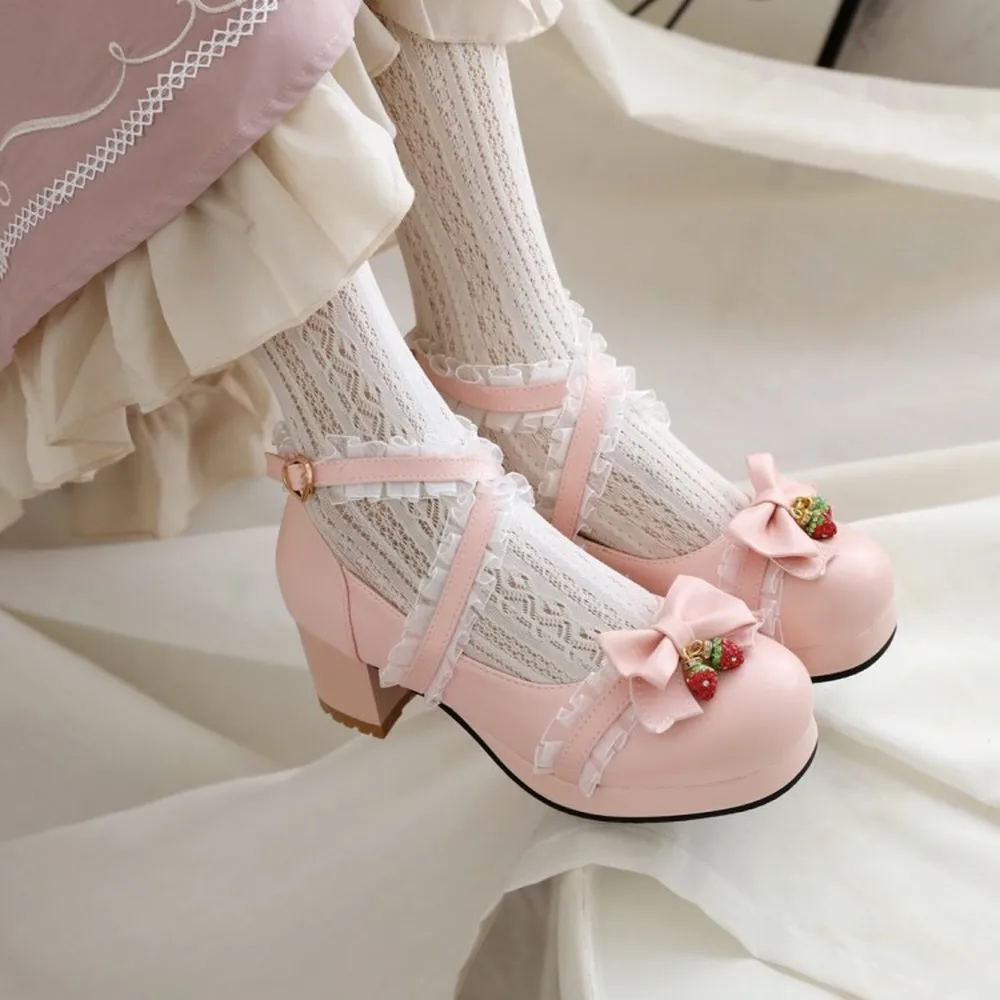 

2022 US4-11 Womens Mary Jane Bowknot Lace Lolita Block Heel Pumps Chunky Shoes Belt Sweet Candy Colors Size New 2022