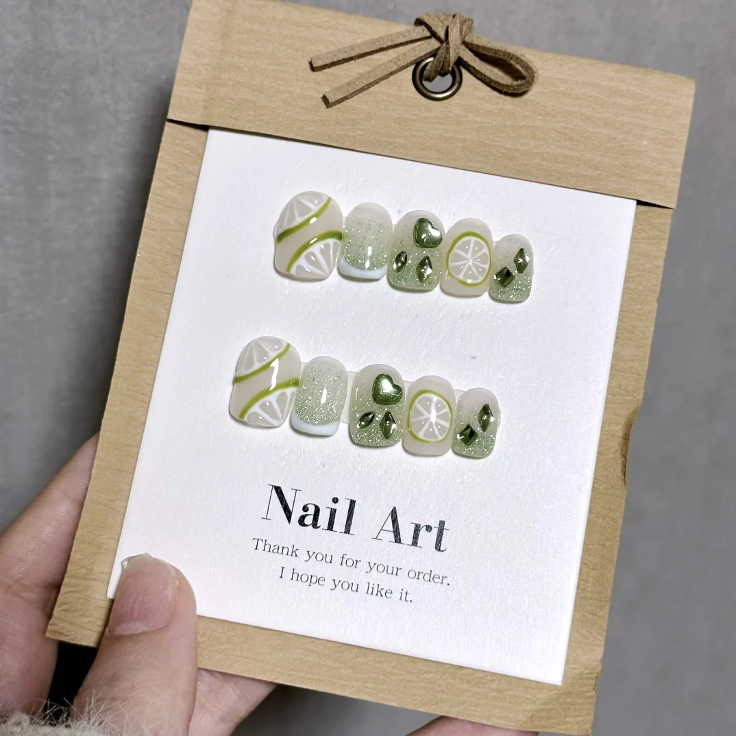 Emmabeauty Handmade Press On Nails Summer Lime Ice Trasparente Verde Bianco Corto Con Design Fresco Ed Elegante. No.24510