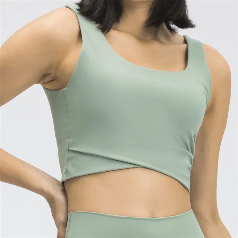 Nepoagym SKYLINE Women Front Cross Workout Crop Tank Tops with Shelf Built In Bra Medium Impact Brushed Padded Sports Bra