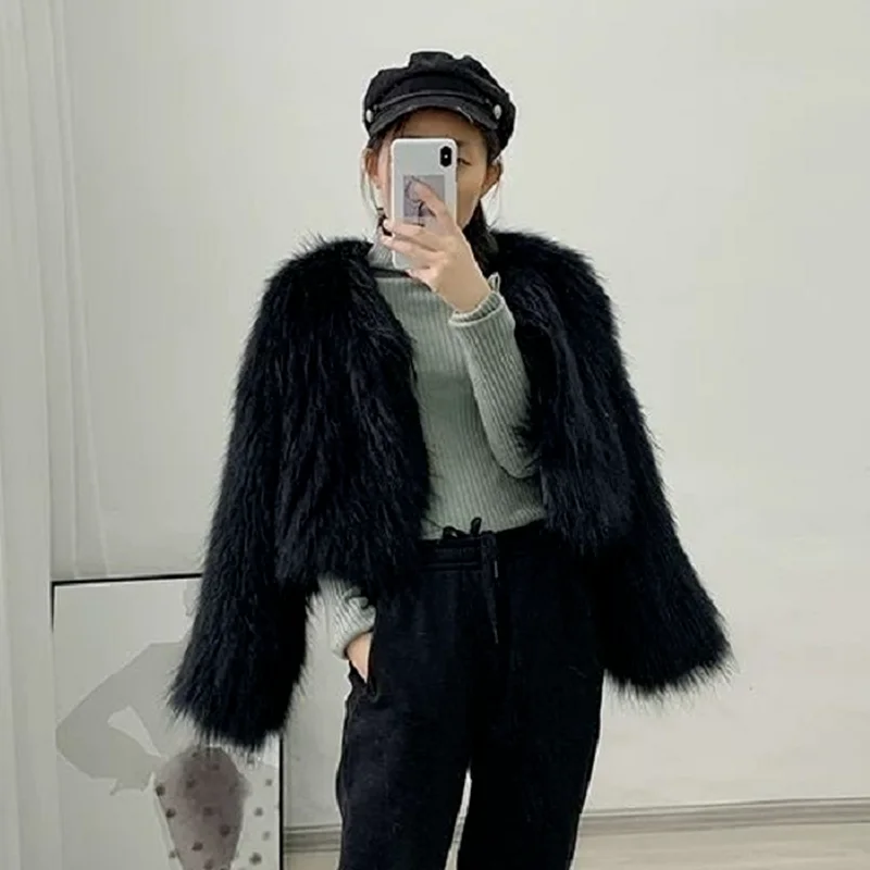 Fur Jacket 2022 Faux Fur Women Warm Winter Jackets Y2K Pink Black Long Sleeve Oversized Loose Vintage Fashion Street Outfits