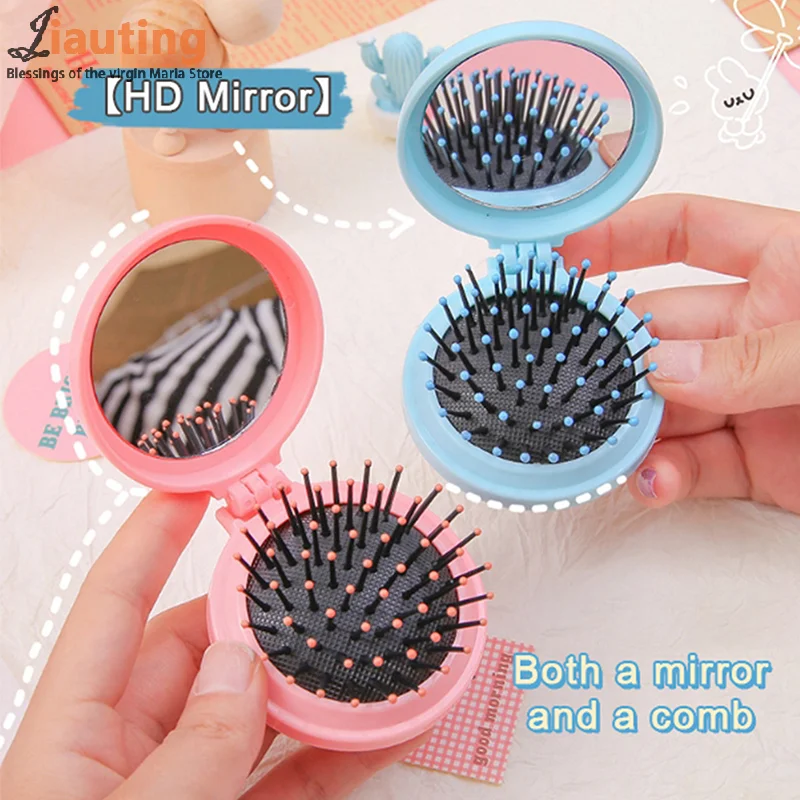 

Mini Pocket Mirror Folding Comb Girl Women Portable Round Pocket Small Travel Massage Hair Brush With Mirror Styling Accessor