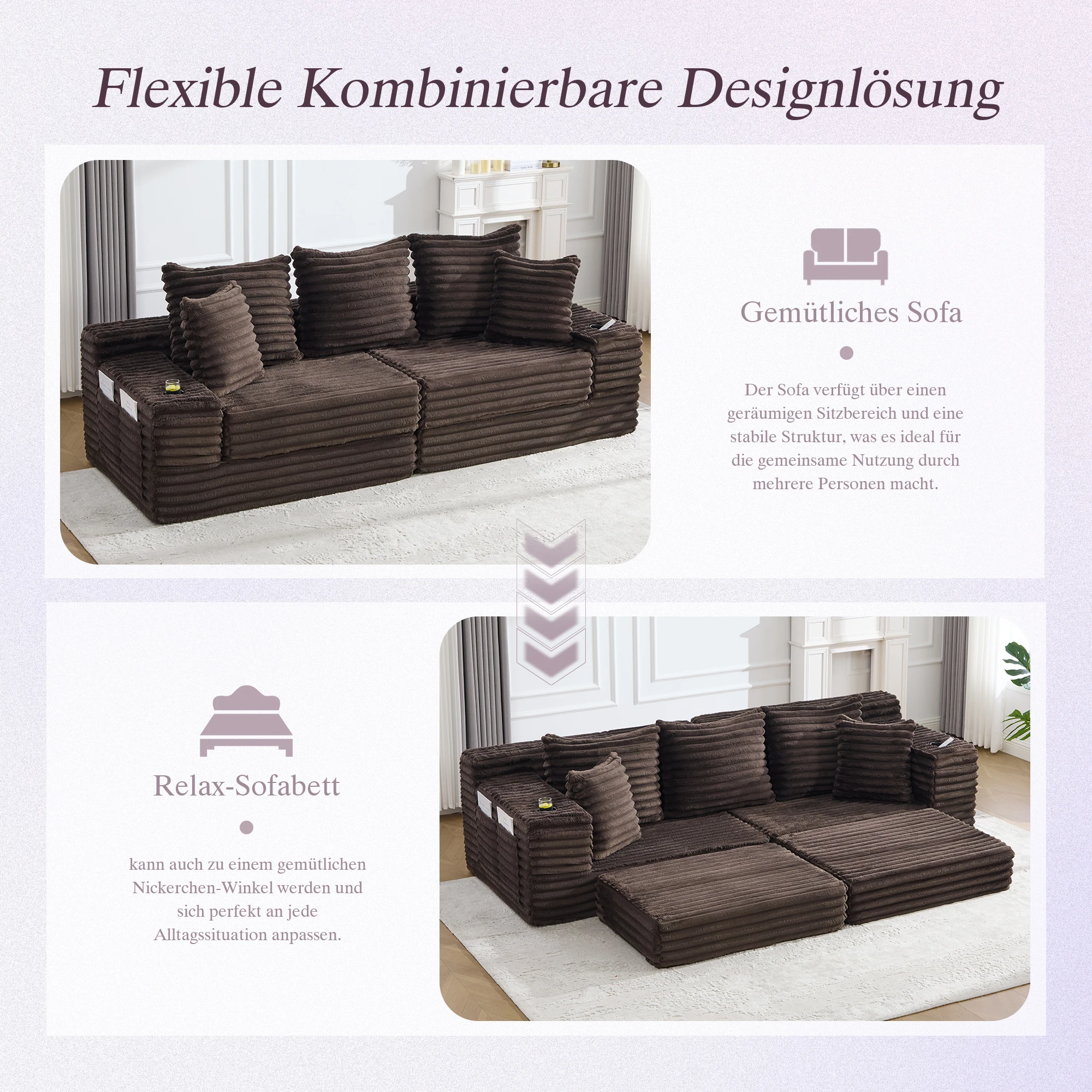 Cordstoff Kompressions-Sofa mit Hoher Rückenlehne und Zusätzlichen Kissen, Beidseitige Taschen, Frei Kombinierbar Als Schlafsofa – Detail 4