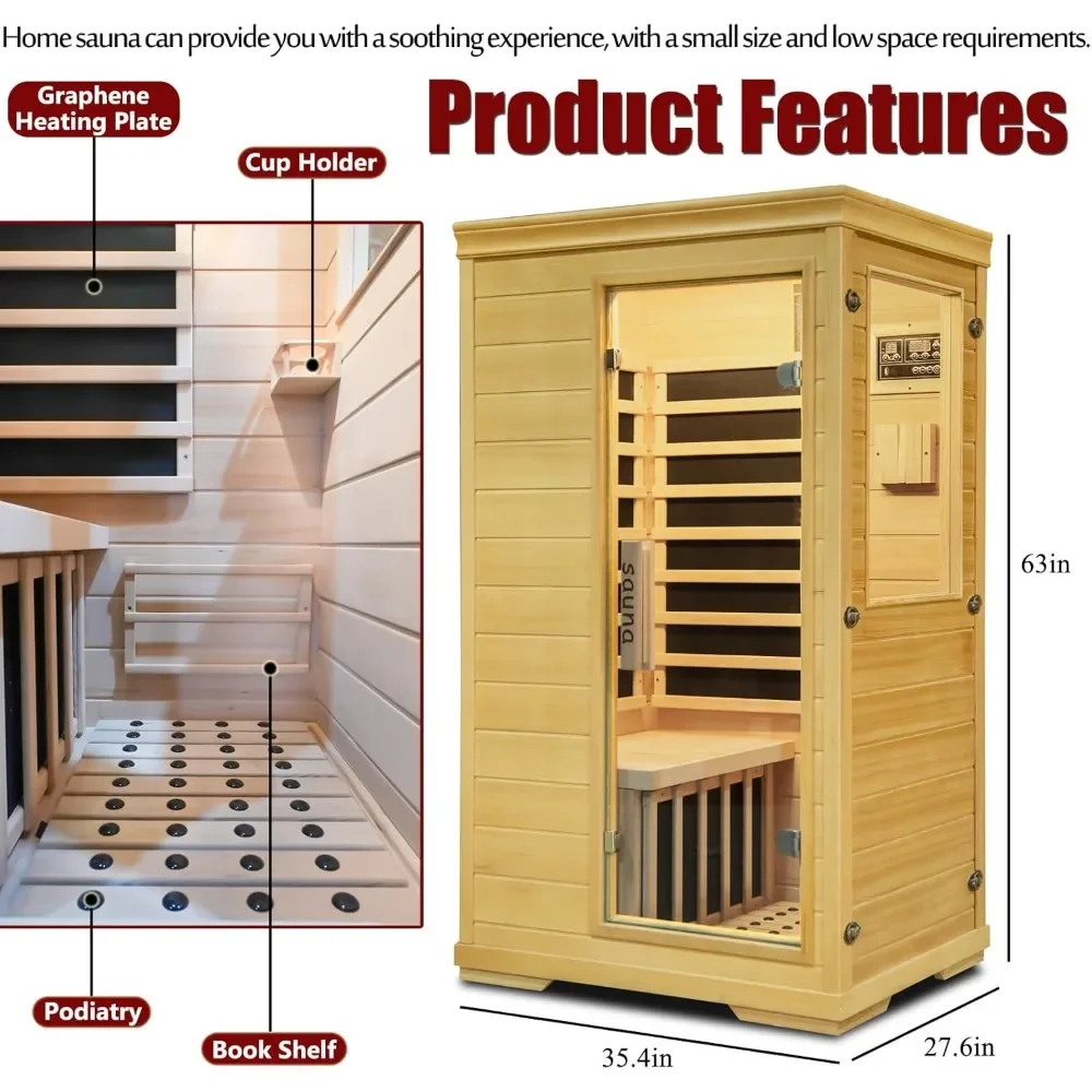 Sauna, Indoor 1 Person Hemlock Wood Dry Sauna Digital Controler Bluetooth Player, 5 Heating Panels, Home Far Infrared Sauna Room 5