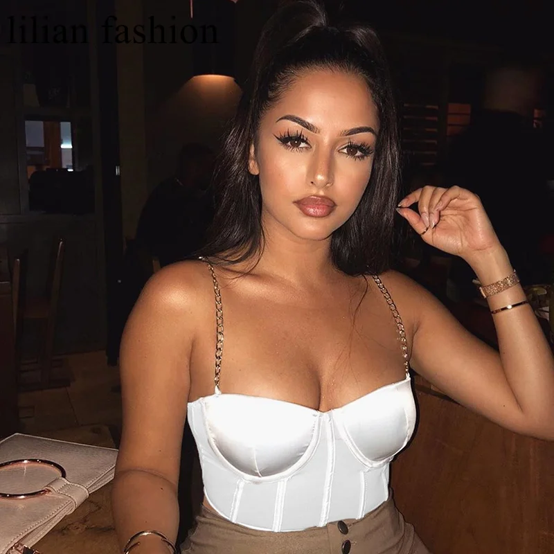 

Summer Stain Crop Top Women Sexy Bustier Tops Blackless Gold Chain Strap Padded Cropped Clubwear Corset Black Crop Tops Clothes