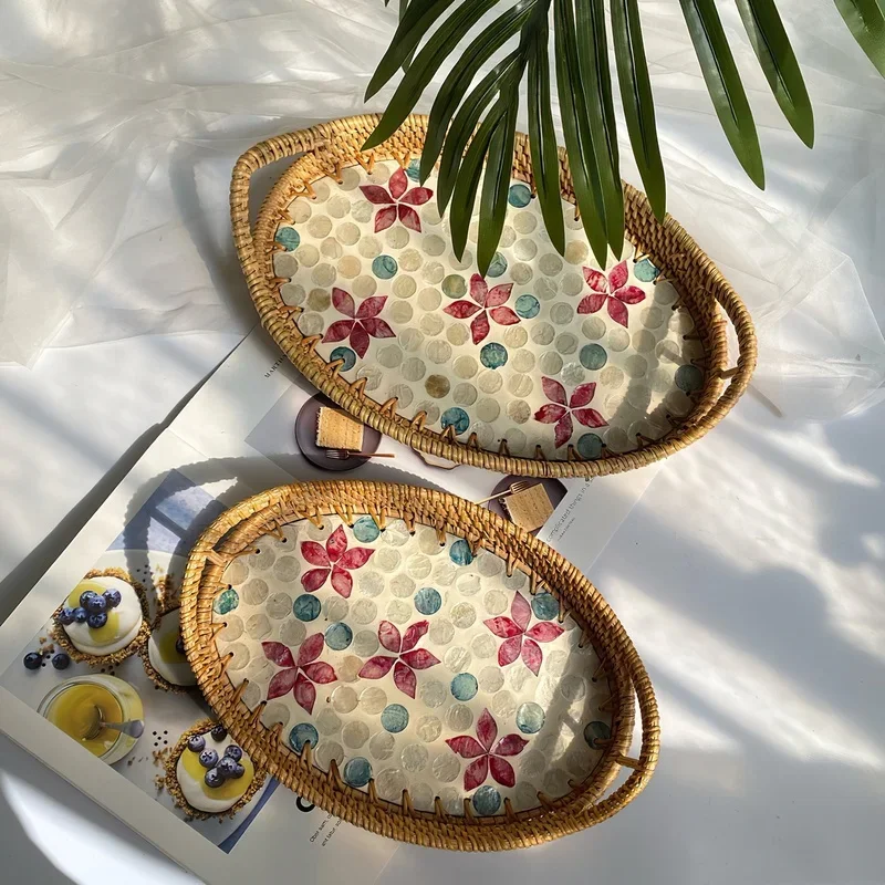 Rattan Shell Tray Living Room Home Creative Woven Snack Storage Basket Fruit Sundries Basket Kitchen Storage Tray Decorate