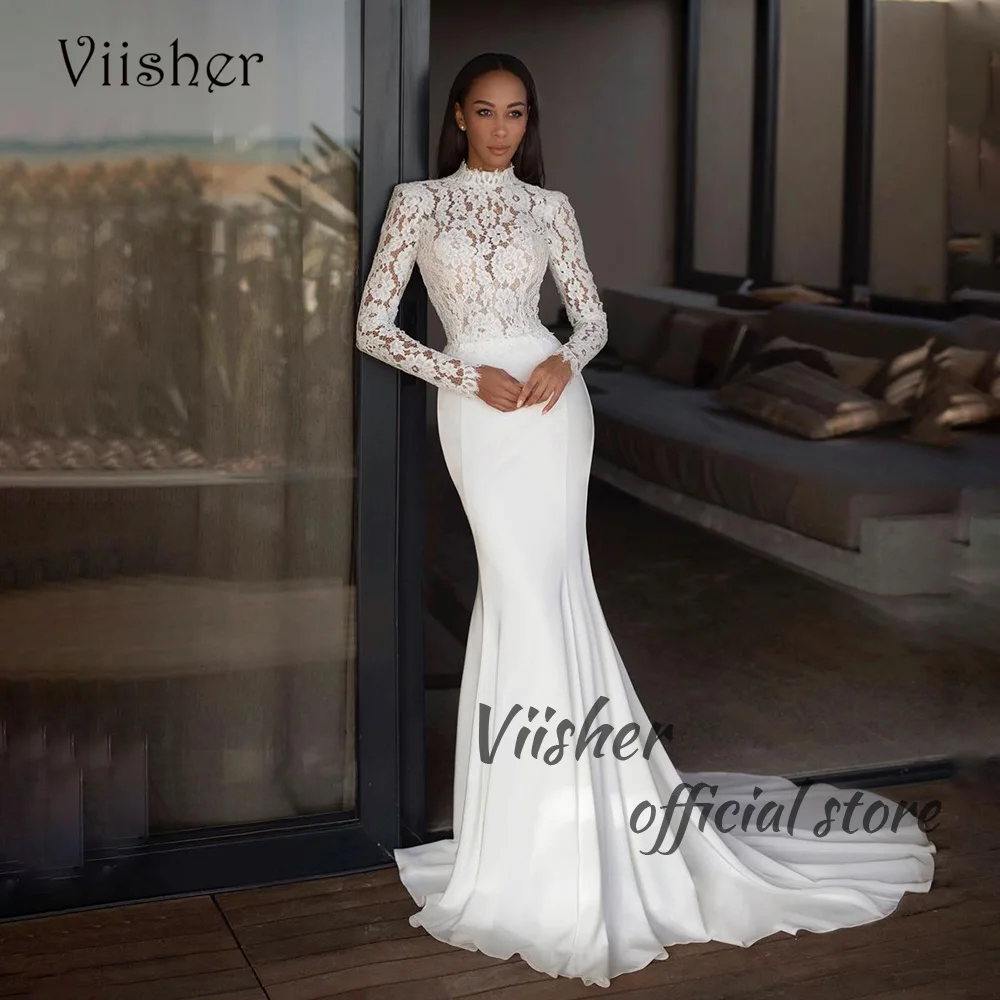 

Viisher Vintage Mermaid Wedding Dresses Lace Appliques Full Sleeve High Neck Bride Dress Backless Long Wedding Bridal Gowns