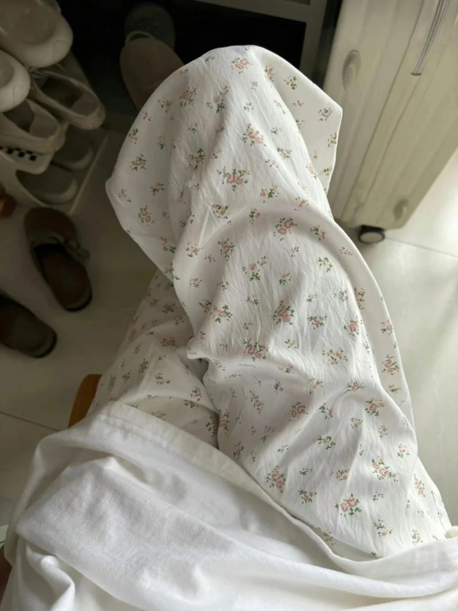 Korean Sle Floral White Casual Pants Women's Summer 2024 New Loose Straight Lazy Draping Wide-Leg Pants