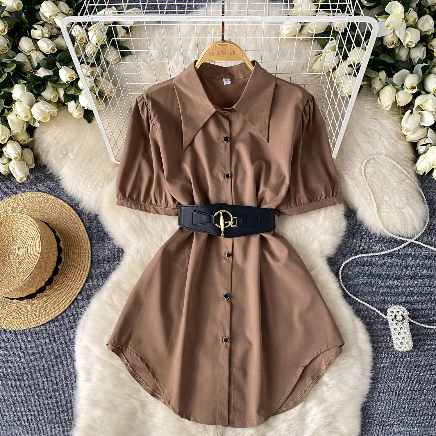 

Sexy sashes puff sleeve Polo neck Dress vintage Elegant Slim Women summer sweet Party basics fashion asymmetrical dresses