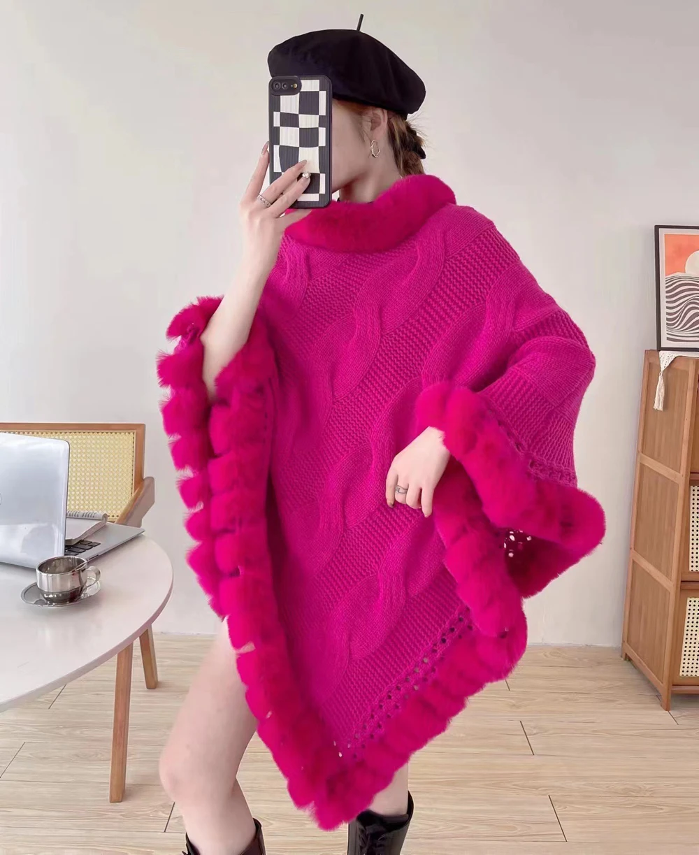 Fashion Full Trims Wavy Faux Rex Rabbit Fur Pullover Poncho