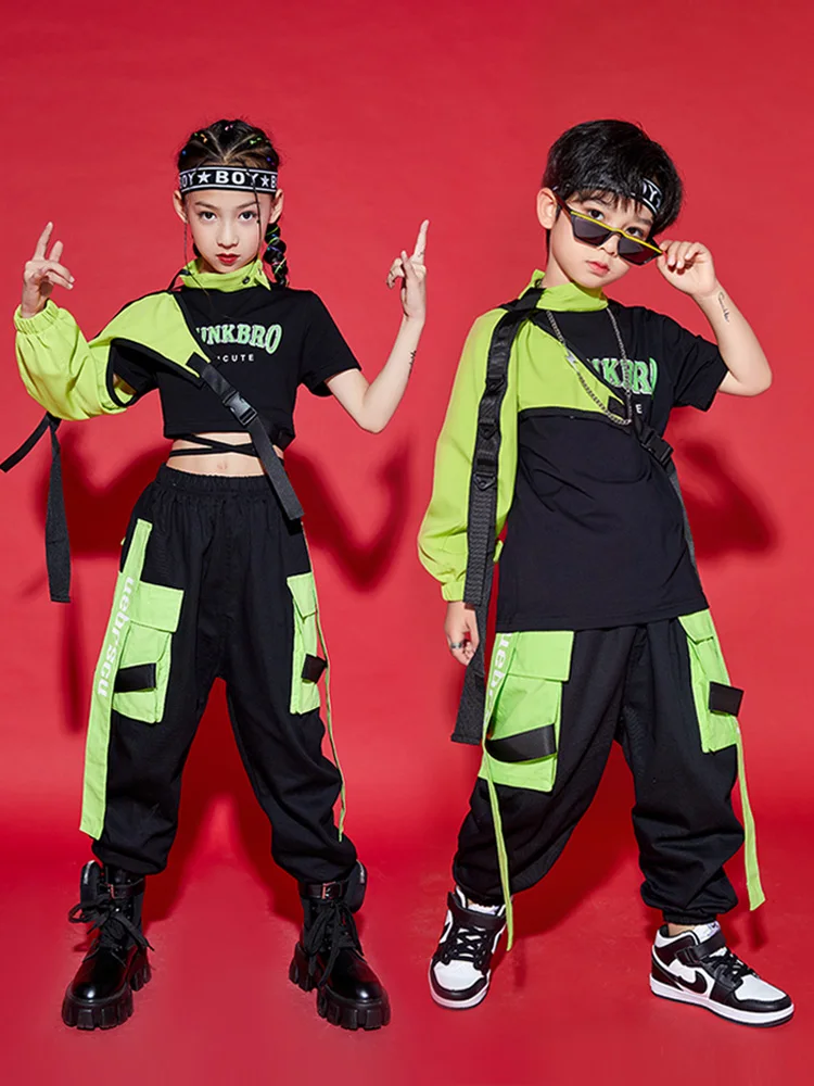 

Green One-Sleeved Hip Hop Performance Costume Kids Jazz Dance Outfit Boys Tops Cargo Pants Girls Kpop Concert Stage Wear BL9909