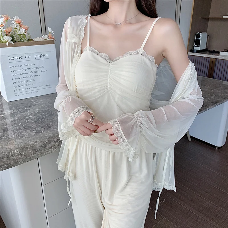 

Summer 3PC Modal Gauze Sleep Suit Women Lace Elegant Pajamas Gown Set Palace Style Nighties With Breast Pad Home Nightwear
