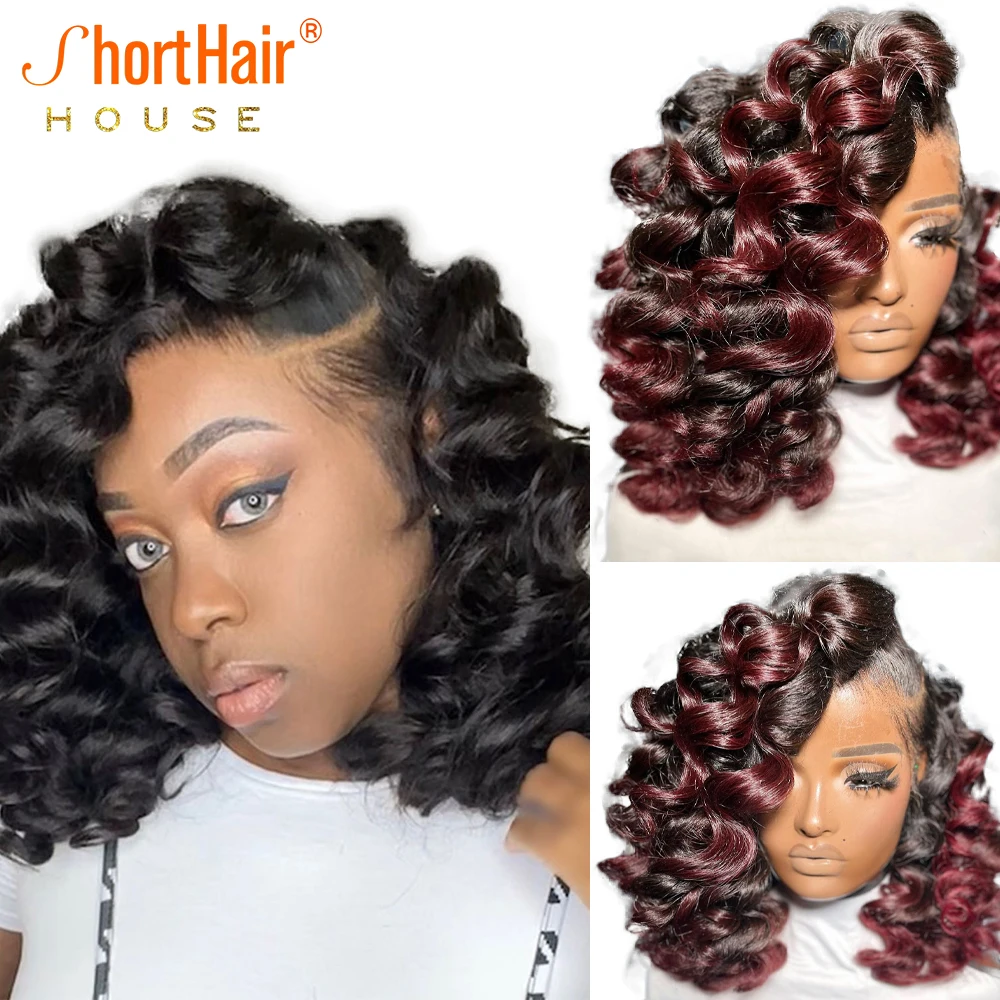 99J Highlight 13x6 Lace Frontal Human Hair Wigs Pre Plucked Bouncy Curly Lace Frontal Wigs For Women Deep Wave Bob Wig Brazilian