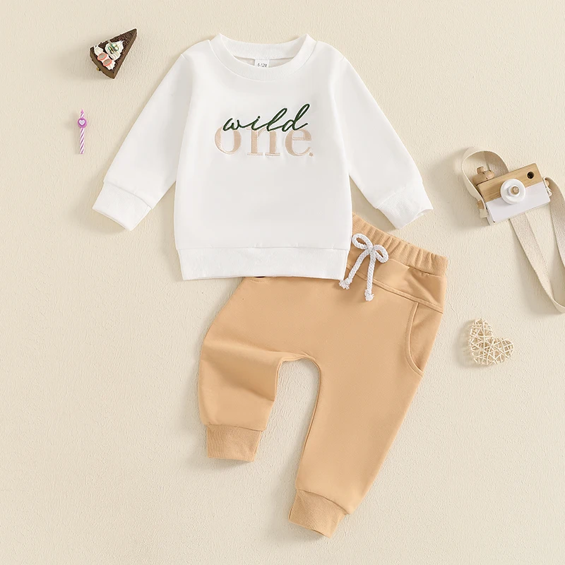 Baby Boy Birthday Outfit Letter Embroidery Long Sleeve Sweatshirt Elastic Waist Pants 2 Piece Set for Fall Winter