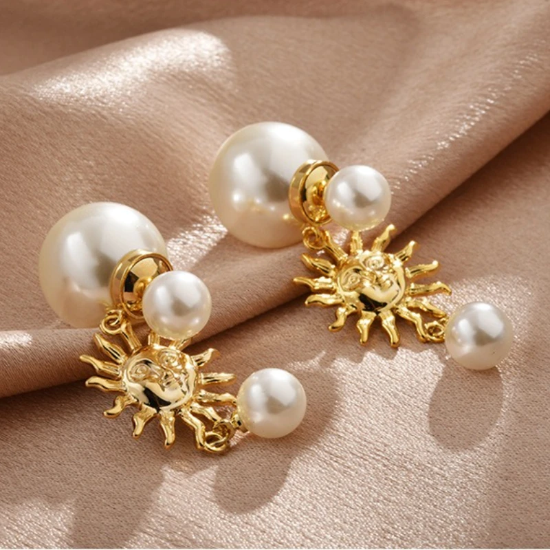 Französische Perlenohrringe, gemischte Sonnenblumenperlen in verschiedenen Größen, leichter Luxus-High-End, vielseitiger Vintage-Chic-Damenschmuck – Detail 5