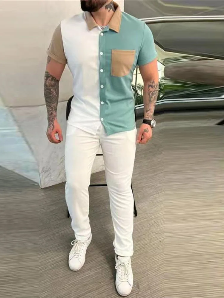 

Men's Color Block Shirt Short Sleeve Long Pants Trendy Casual Sportswear Set - Fashionable, Versatile