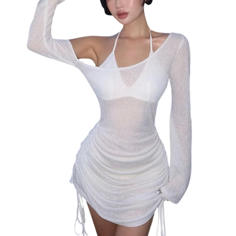 y2k Off Shoulder Dress 2000s Women Sheer Drawstring Ruched Long Sleeve Mini Dress Vacation Party Dresses Beach Cover Up