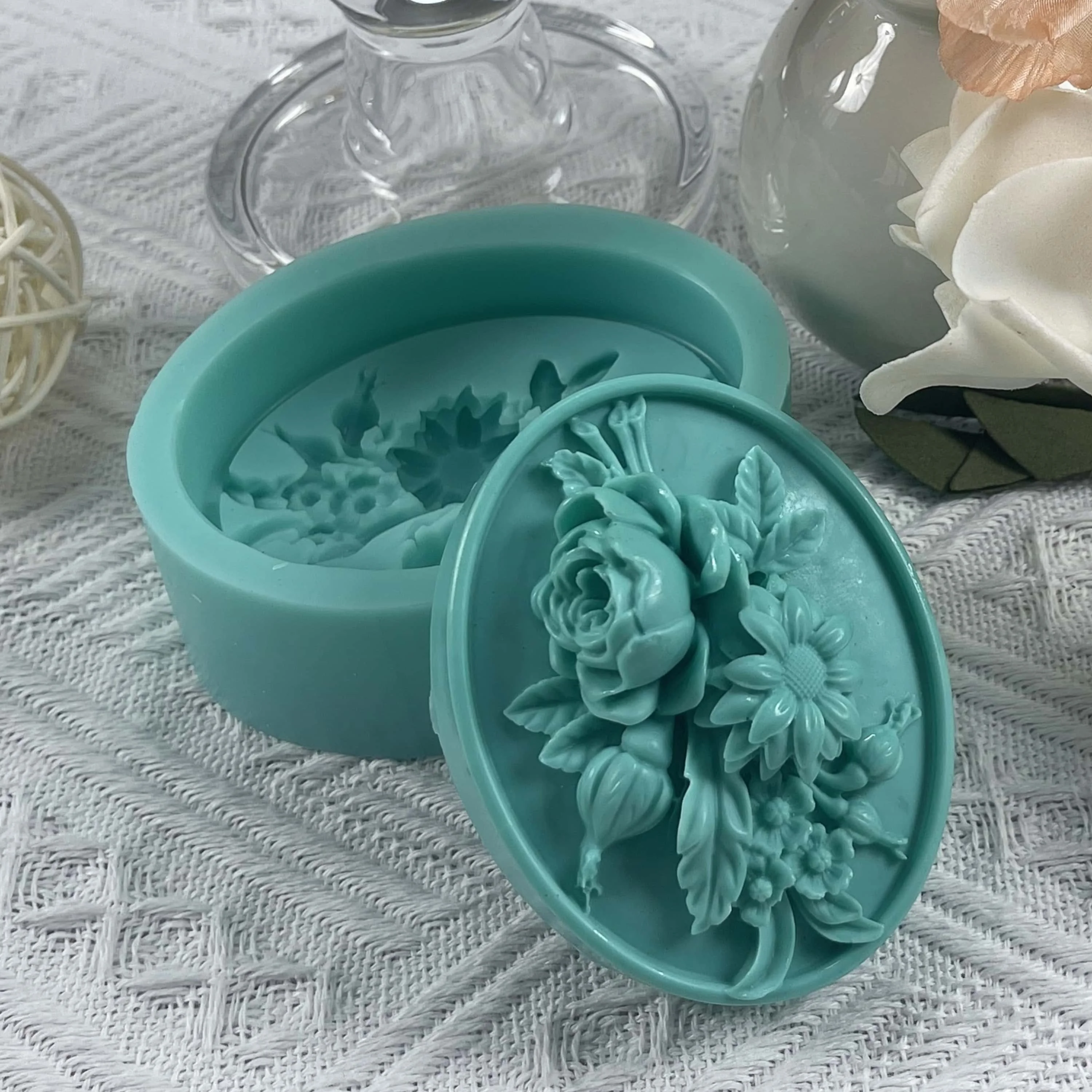 Oval Flower 3D Soap Mold Natural Bar Soap Molds Scented Candle Wax Silicone Mold Aromatherapy Plaster Resin Crafts