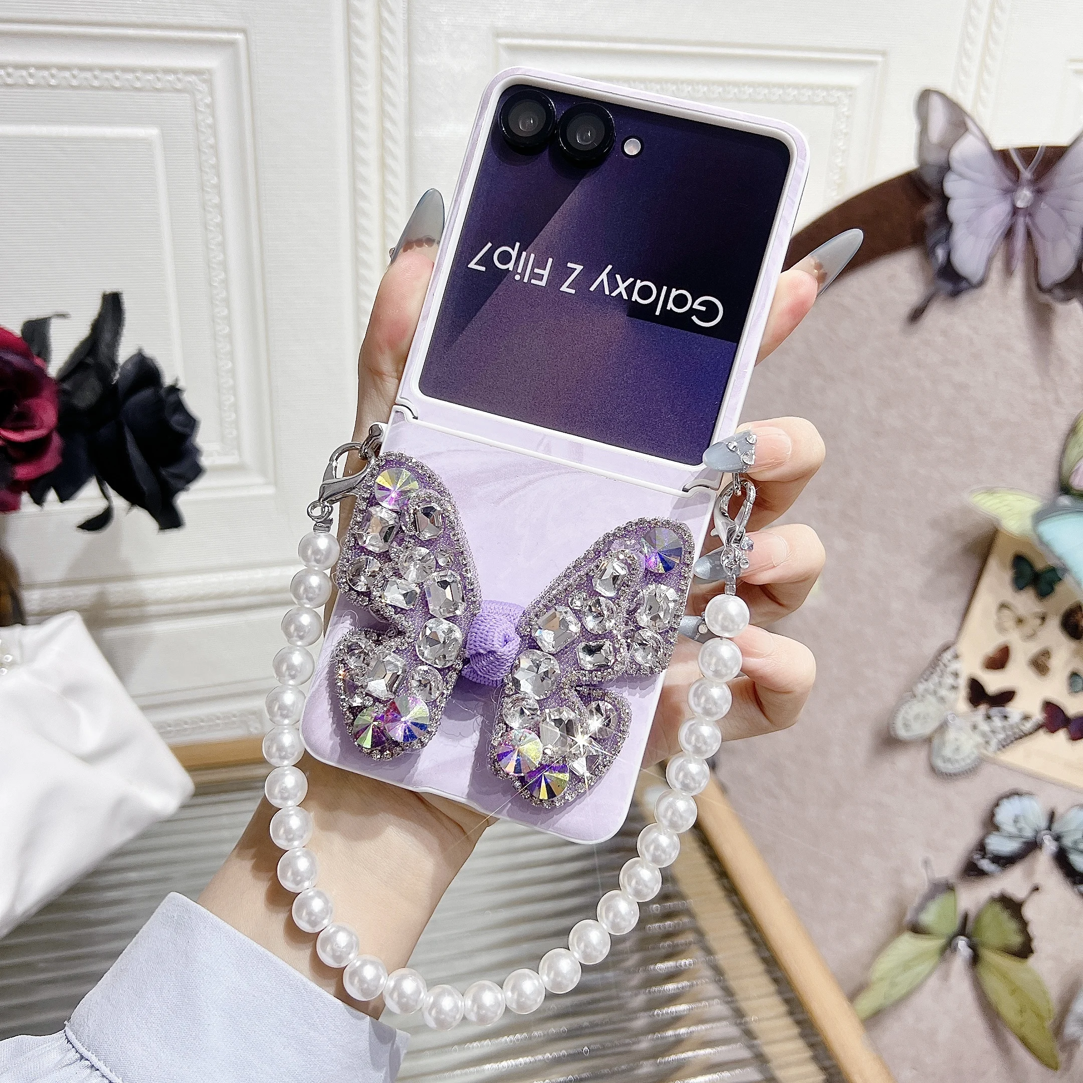 Luxury Glitter Phone Case with Bling Butterfly & Diamond Wrist Strap Cover