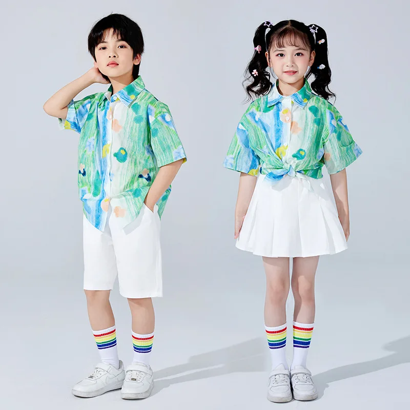 

Детские комплекты одежды в стиле хип-хоп, рубашка с коротким рукавом, юбка для уличного танца, спортивная одежда для мальчиков и девочек, детские костюмы для джаза и чарлидинга