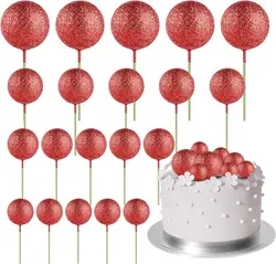Elegant Gold Mini Ball and Balloon Cake Topper Set - 20 - Piece Decorative Picks (Glitter Red)
