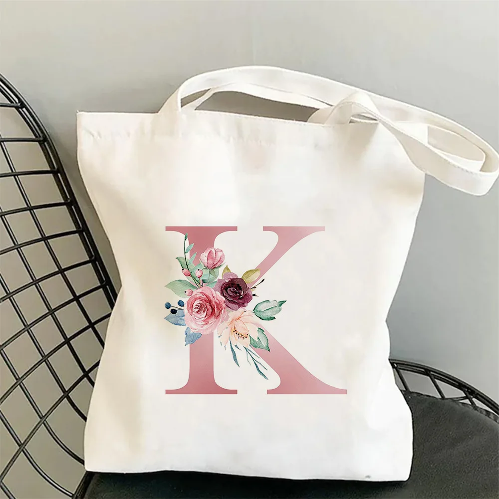 Damen ABC Canvas Tote Umhängetasche Aquarell Blumen Initiale Rosa Blau Lila Blumen Minimalistisch Lässig Öko Handtasche Damen Tasche – Detail 15