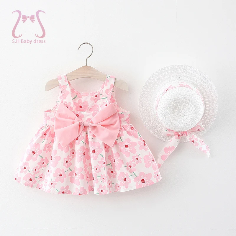 

2pcs Bow Baby Girls Dress Summer Flower Fashion Sling Dresses Girl Kid's Dress Baby Clothes New Born Kids Clothes Send Hat