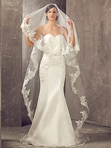 

Wedding Bridal Veils White Long Cathedral Chapel Length Veil with Lace and Metal Comb at the Edge