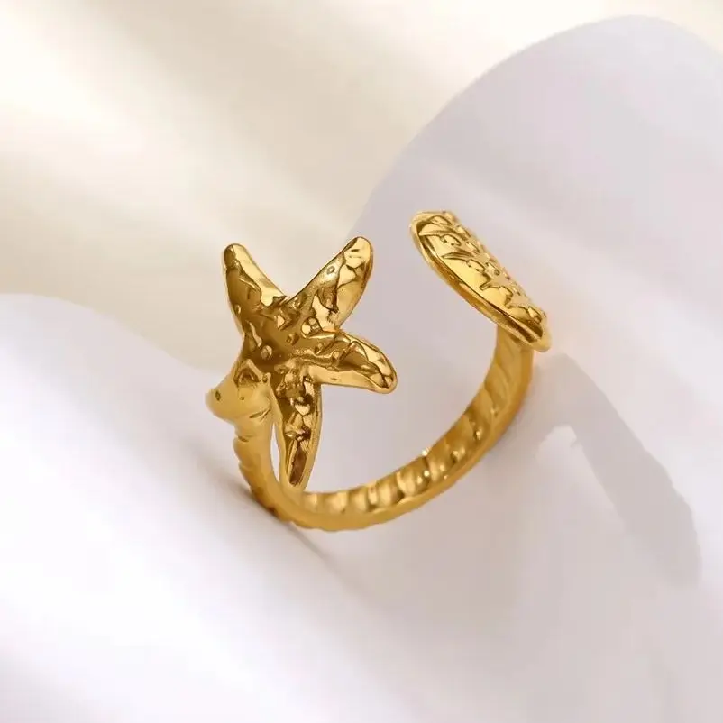 Starfish Shell Ring Stainless Steel Adjustable Gold Color Beach Summer