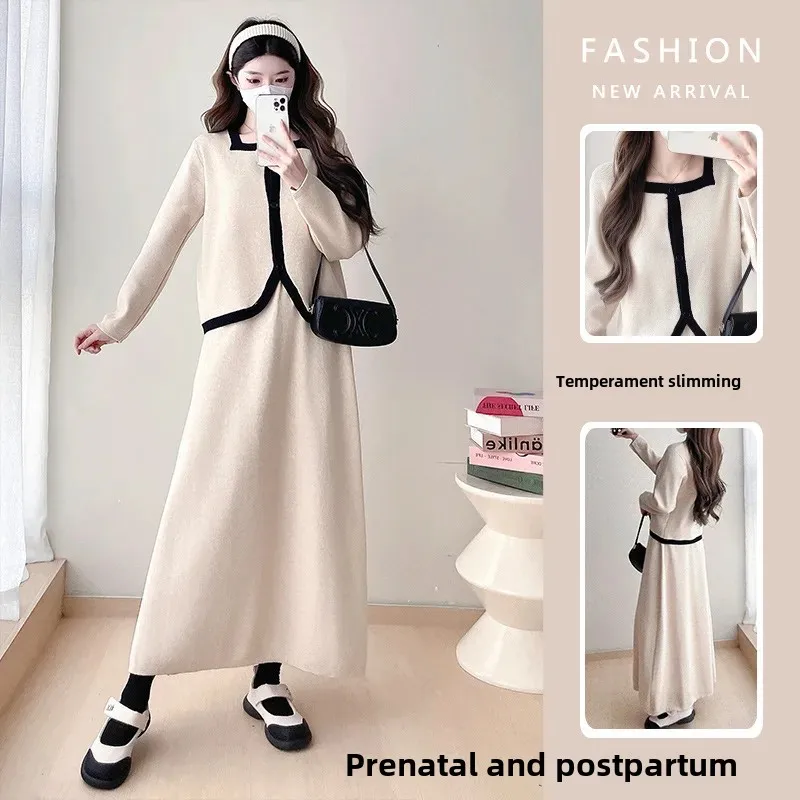 Maternity Clothing Knitted Fleece Casual Outerwear Top And Skirt Two-Piece Set for Pregnant Women Autumn Winter