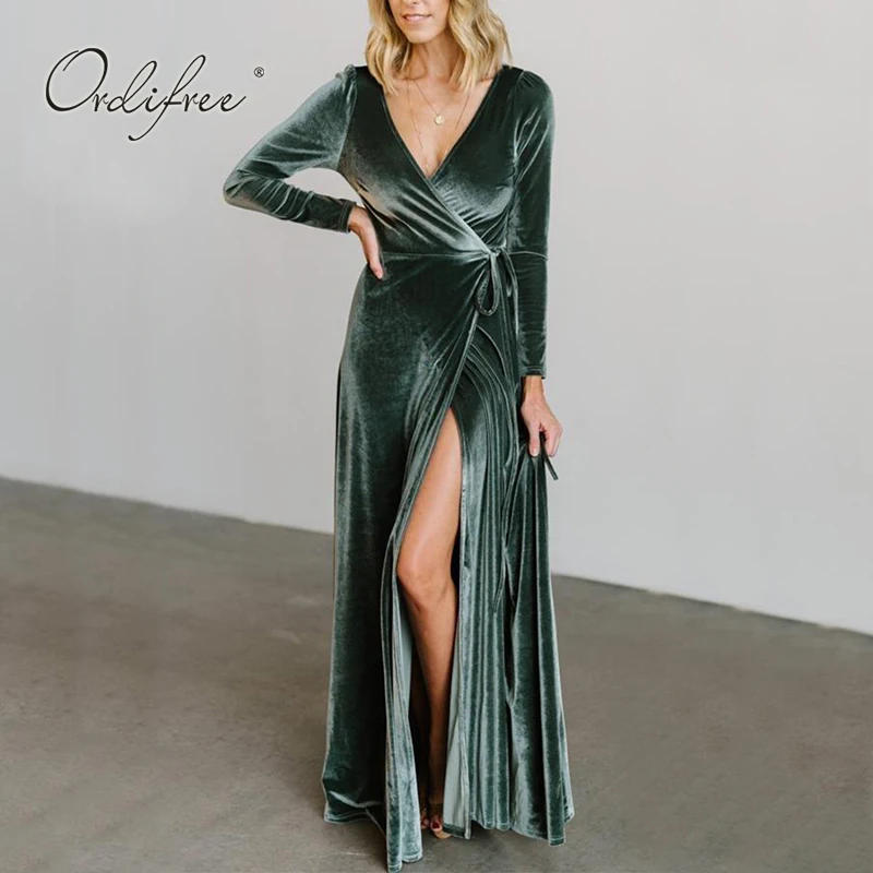 

Ordifree 2023 Autumn Elegant Women Velvet Evening Dress Long Sleeve Vintage Sexy Slit Belted Party Wrap Dress