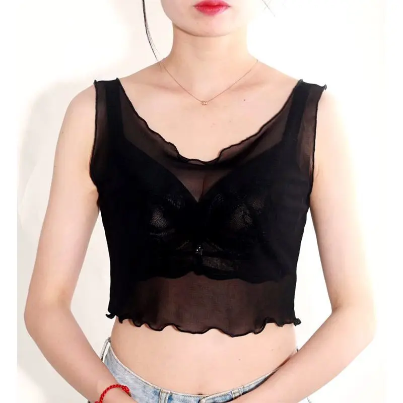 

Sleeveless Tops Sexy Tank Skinny Women T-shirt Summer Mesh Streetwear Bottom Shirts Y2k Crop Tops Harajuku Kawaii Clothing New