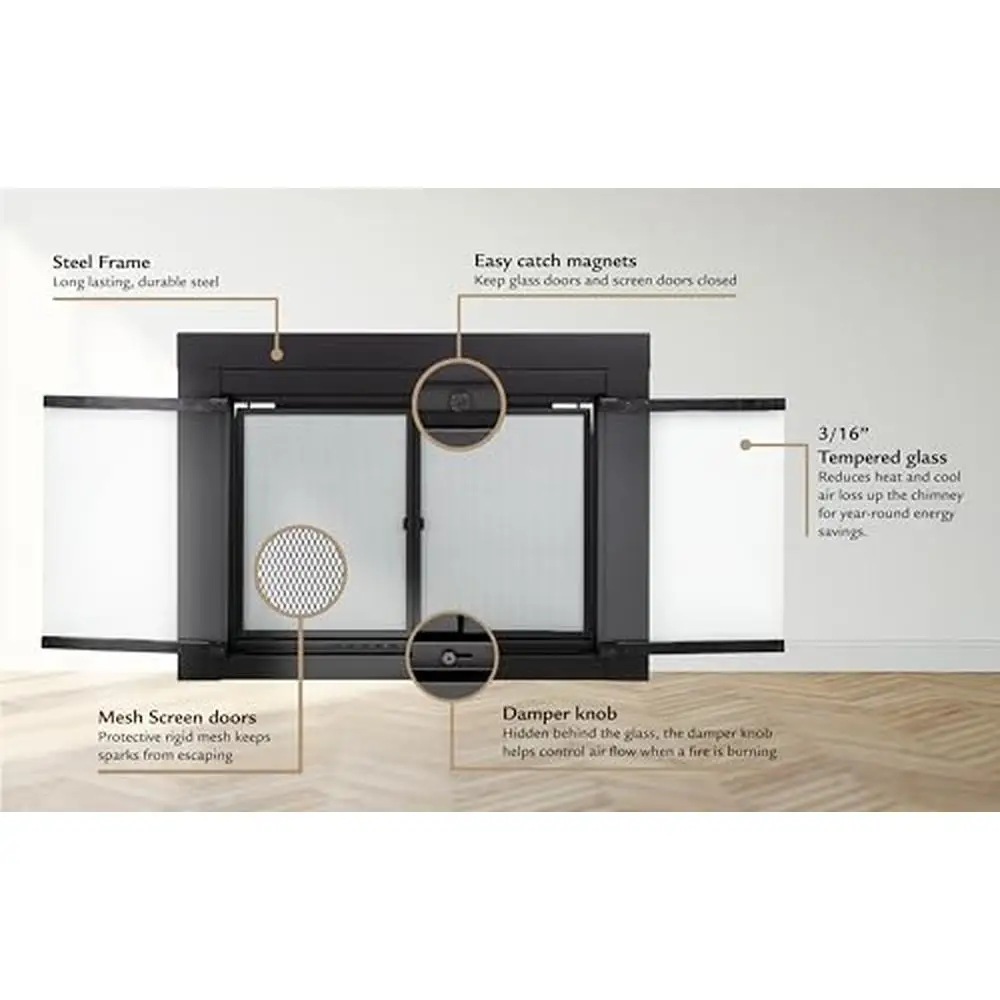 Fireplace Glass Door Clear Black Cabinet Standard Mesh Small 30-37" x 22.5-29.5" with 5" Handles and Alloy Steel Material Alpine 5