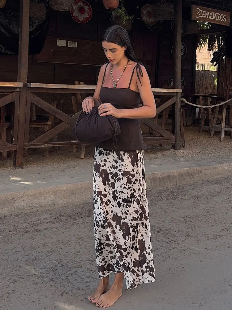 HH Women Fashion Print Long Skirts Belt Design High Waist Midi Skirt Elegant Woman 2025 Summer Casual Holiday Skirts