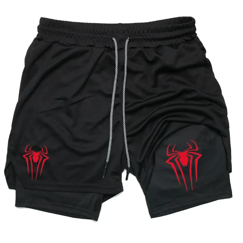 

Men's spider print gym casual sports compression shorts run mesh 2-in-1 sports shorts