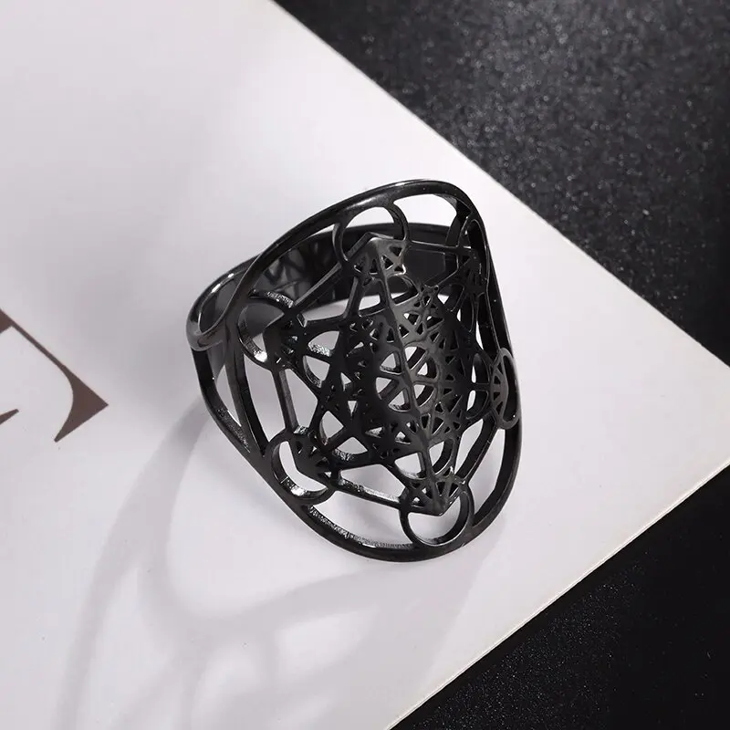 스테인레스 스틸 생명의 꽃 차크라 오픈 조절 가능 반지, 대천사, 신의 메타트론 주얼리, 유대인 솔로몬 주얼리 