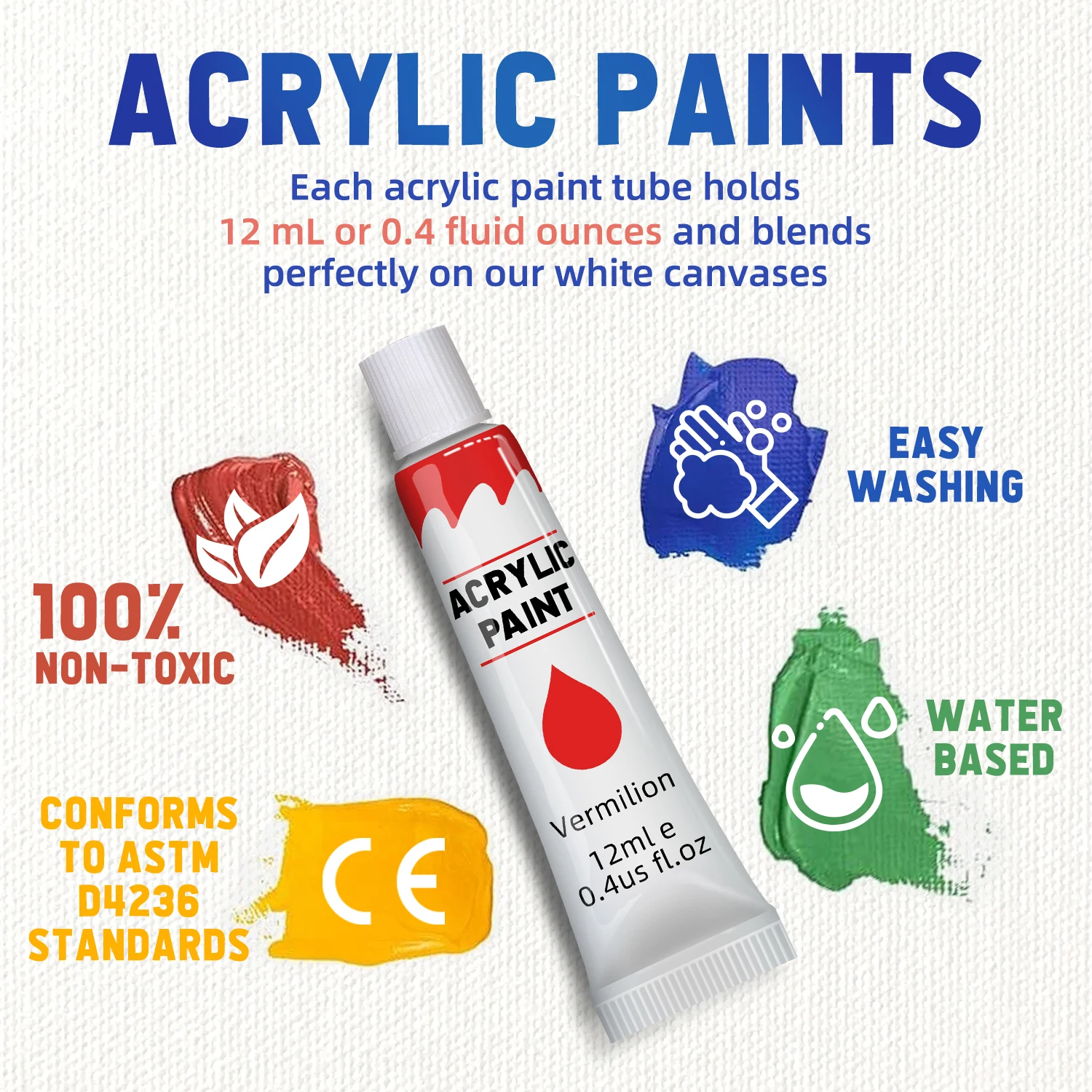 Acrylic Paint Set 12/24 Pack of 12mL Paints,Non-Toxic Craft Paint for Canvas,Wood,Fabric,Leather,Cardboard,Paper,MDF and Crafts 3