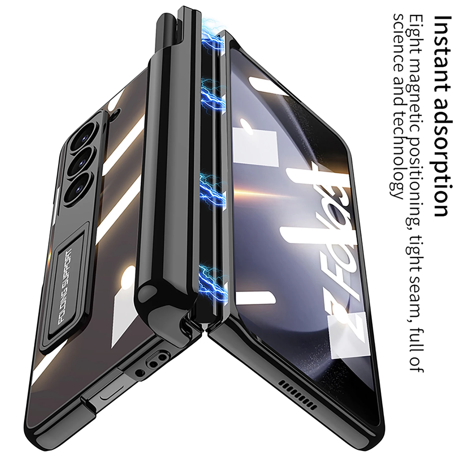 For Samsung Galaxy Z Fold 5 5G Case Electroplated Magnetic Hinge Pen Holder Kickstand Transparent With Tempered Film Hard Cover