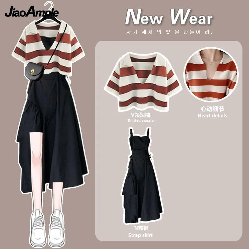 Women's Summer Fashion Stripe Short Sleeve Top+Strap Skirt Two Piece Korean Elegant Blouse Dress Suit 2023 New Matching Set images - 6