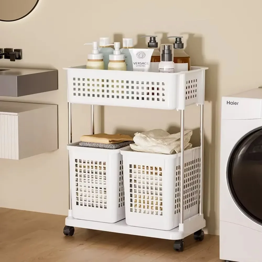 Bathroom Storage Trolley Multifunctional Layer Rolling Cart Washing Shelf Dirty Clothes Basket Laundry Storage Trolley