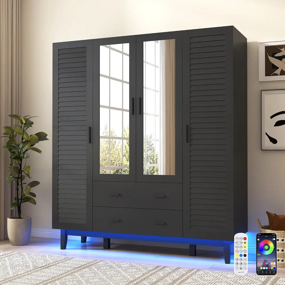 Large Capacity Black Armoire with LED Lights