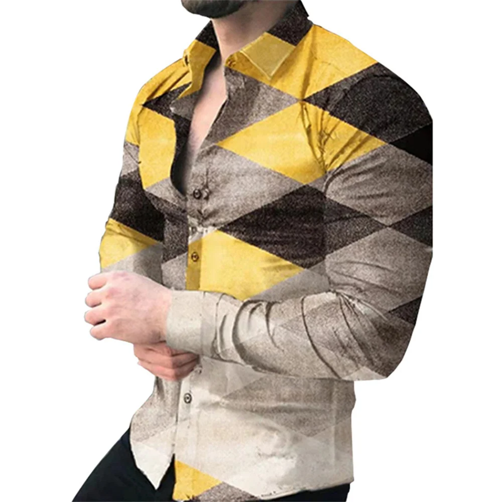 thumbnail image 1 of Camisas de primavera con estampado 3D de cuadros y flores para hombre, camisa de manga larga con solapa y botón, camisas Y2k, ropa informal ajustada a la moda, 1 of 5
