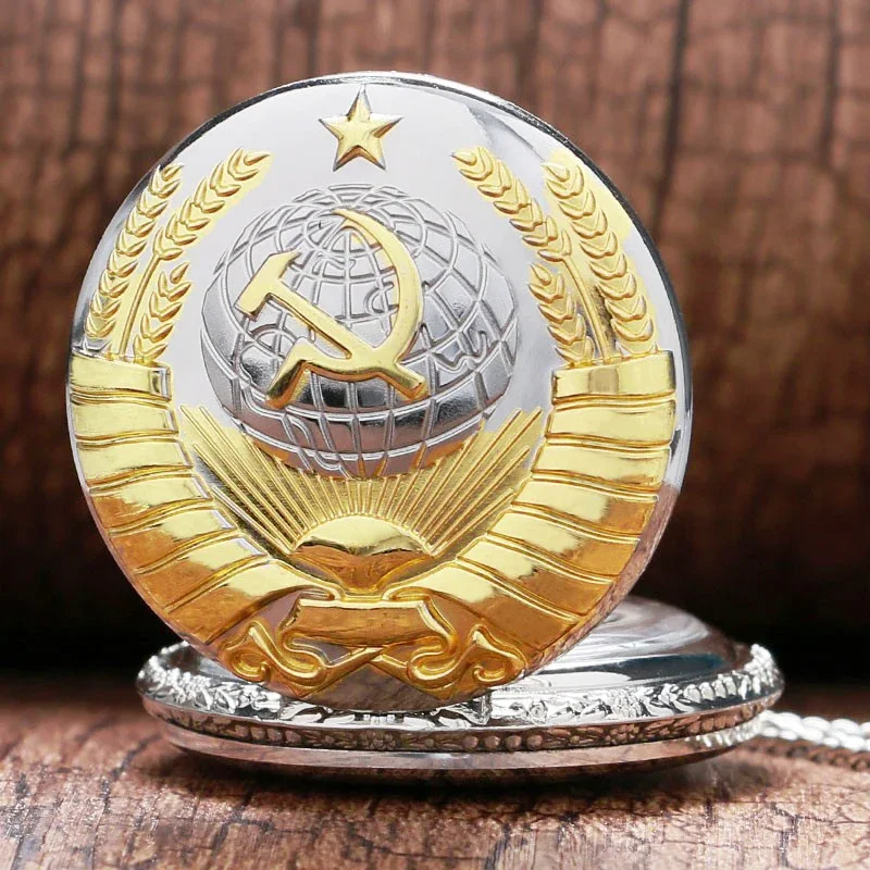 Vintage USSR Soviet Badges Sickle Hammer Pocket Watch Necklace Bronze Pendant Chain Quartz Clock Fashion Emblem Women Men Gift quartz watch pocket watch