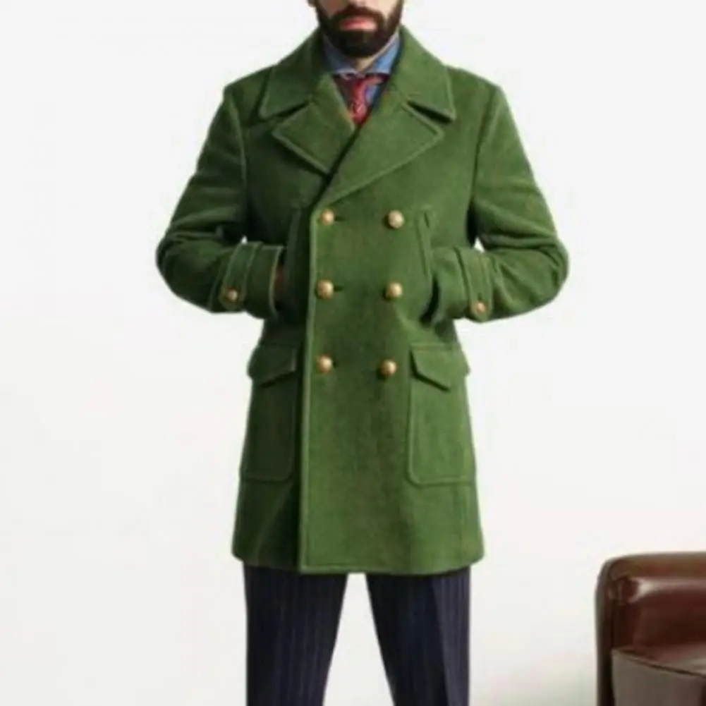 Turn-down Collar Coat British Style Men's Double-breasted Trench Coat Thick Long Sleeve Cardigan with Notch for Fall/winter