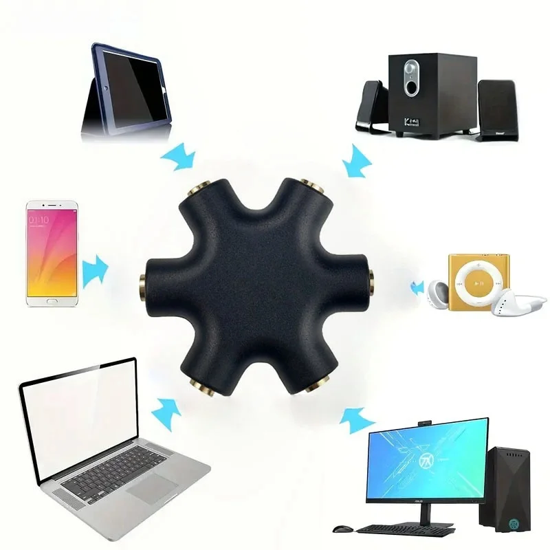 Multi-Port 3.5mm Audio Splitter Cable with Adapter - 1 Male to 5 Female Aux Output Converter