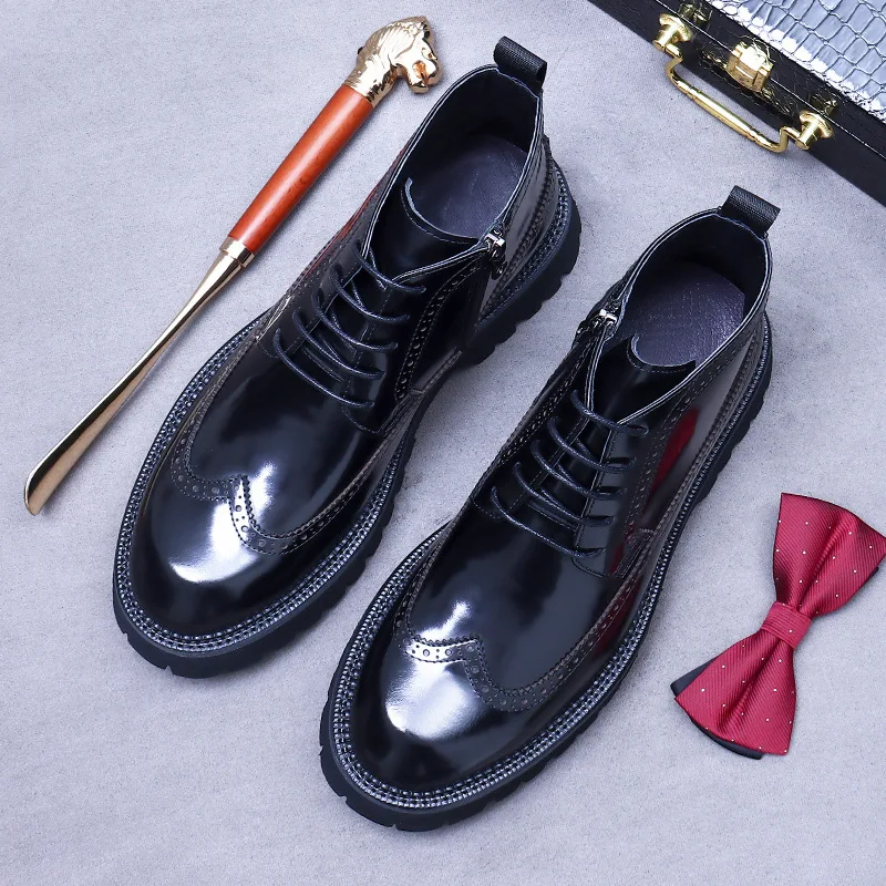 PDEP Martin Boots Thick Soles Shoes for Men Casual Bottines British Brock Cowhide Leather Bota Masculina Sapatos Masculino