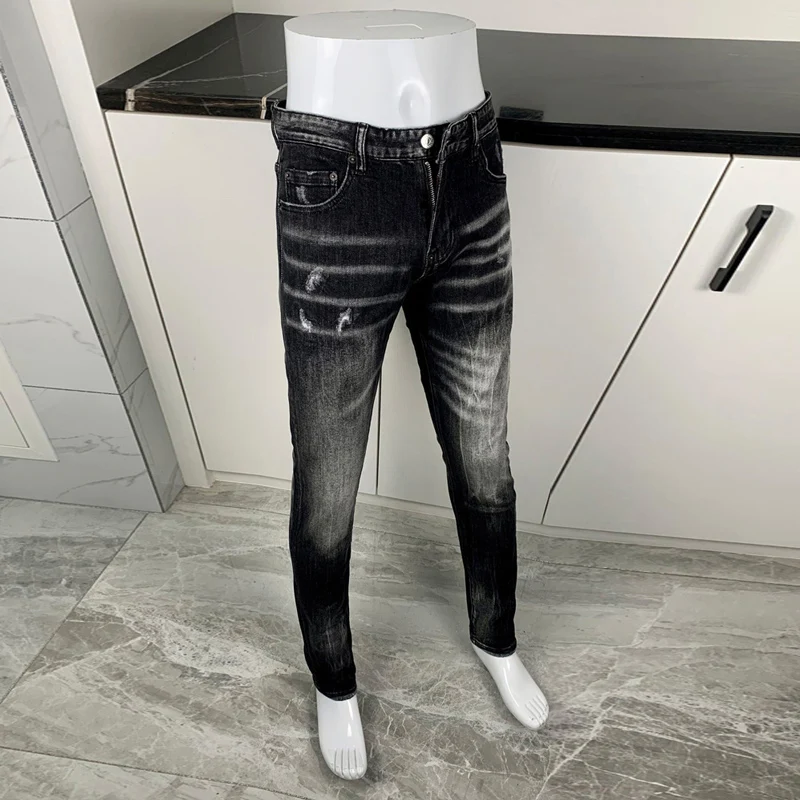 Street Fashion Men Jeans Retro Black Gray Stretch Slim Fit Ripped Jeans Men Elastic Vintage Designer Brand Denim Pants Hombre